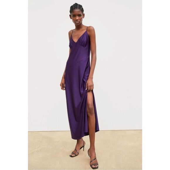 Zara Dresses & Skirts - Zara Purple Satin Slip Maxi Dress Women’s Sleeveless Stretch Size Medium